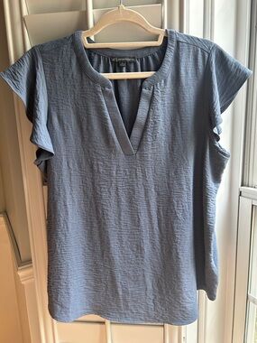 Adrianna Papell Dusty Blue Split V Flutter Sleeve Blouse